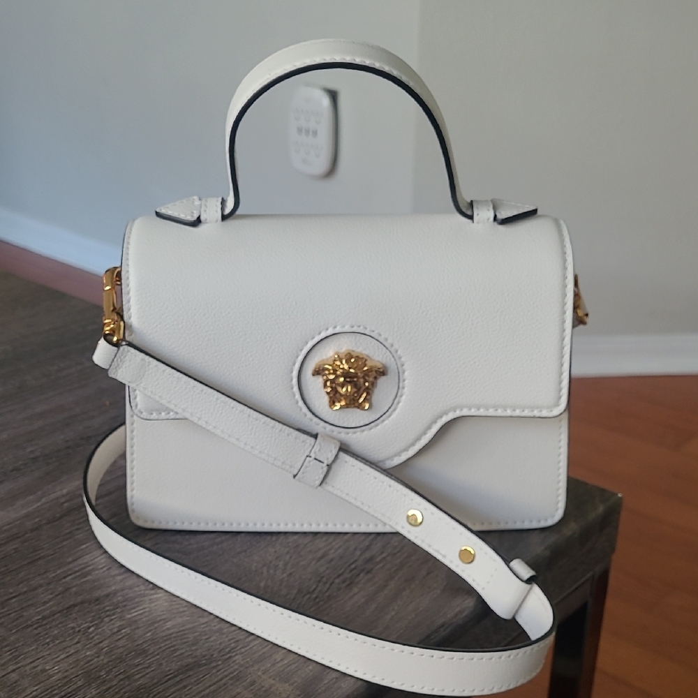 Versace White Crossbody Bag with Structured Design and Flap Closure